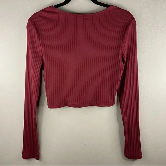 SHEIN Red Ribbed Knit Cropped Long Sleeve Top - Picture 3 of 4